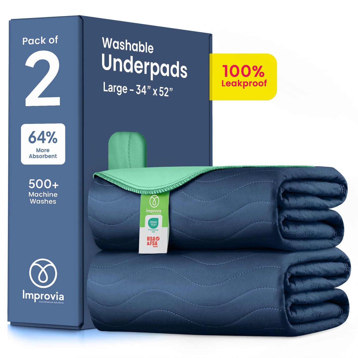 IMPROVIA® Washable Underpads, 34" x 36" (Pack of 4) - Heavy Absorbency Reusable Bedwetting Incontinence Pads for Kids, Adults, Elderly, and Pets - Waterproof Protective Pad for Bed, Couch, Sofa, Floor