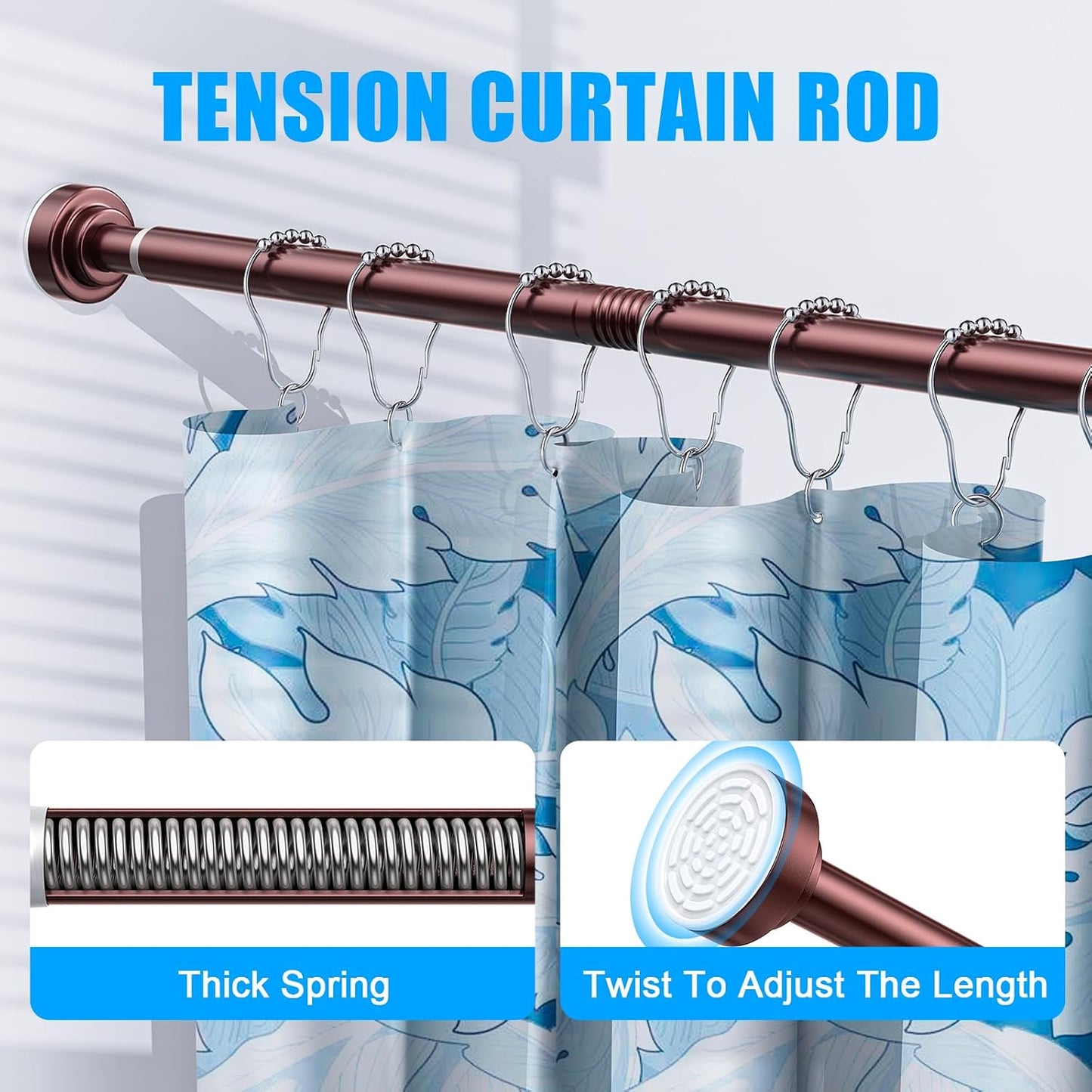 TEECK Shower Curtain Rod, 32-80 inch Adjustable Spring Tension Curtain Rod, Never Rust Anti-Slip Shower Curtain Rod for Bathroom, No Drilling, Never Collapse, Easy to Use, Silver