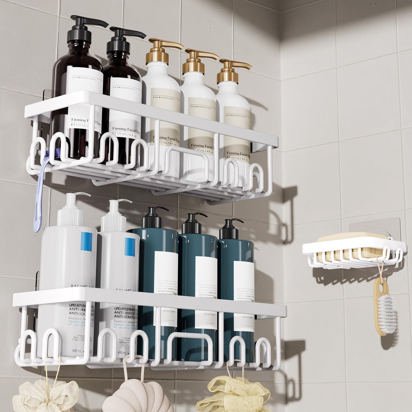 Veken Large Capacity Shower Caddy 6-Pack, No Drilling & Rustproof, Adhesive Shower Shelves with Soap Holder, Bathroom Organizers and Storage, Wall-Mounted Kitchen & Home Decor, Pink