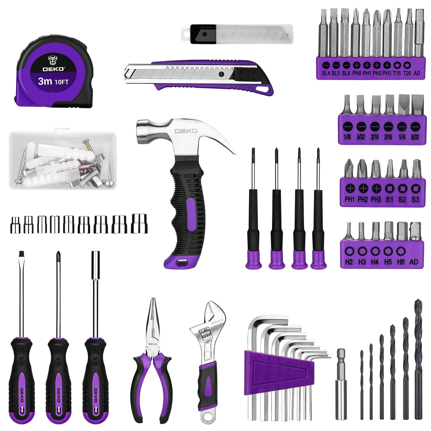 DEKOPRO Drill Set, Home Tool Set with 8V Pink Cordless Drill, Hand Tool Kit for Women, 126 pcs