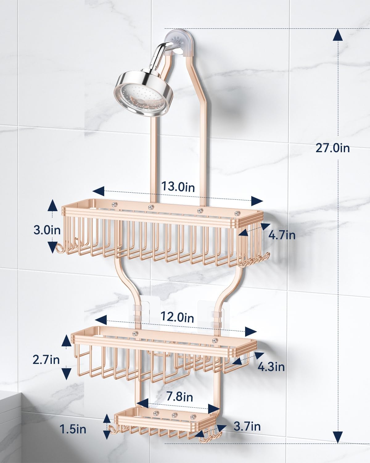 Never Rust Shower Caddy Hanging, Aluminum Shower Racks for Inside Shower, 3-Tier Shower Organizer Hanging Over Shower Head with Hooks and Soap Holder, Rose Gold