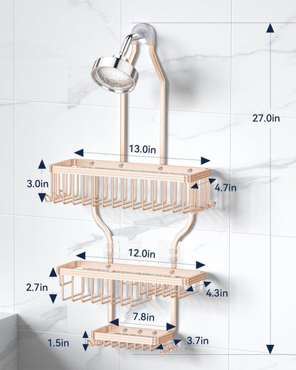 Never Rust Shower Caddy Hanging, Aluminum Shower Racks for Inside Shower, 3-Tier Shower Organizer Hanging Over Shower Head with Hooks and Soap Holder, Rose Gold