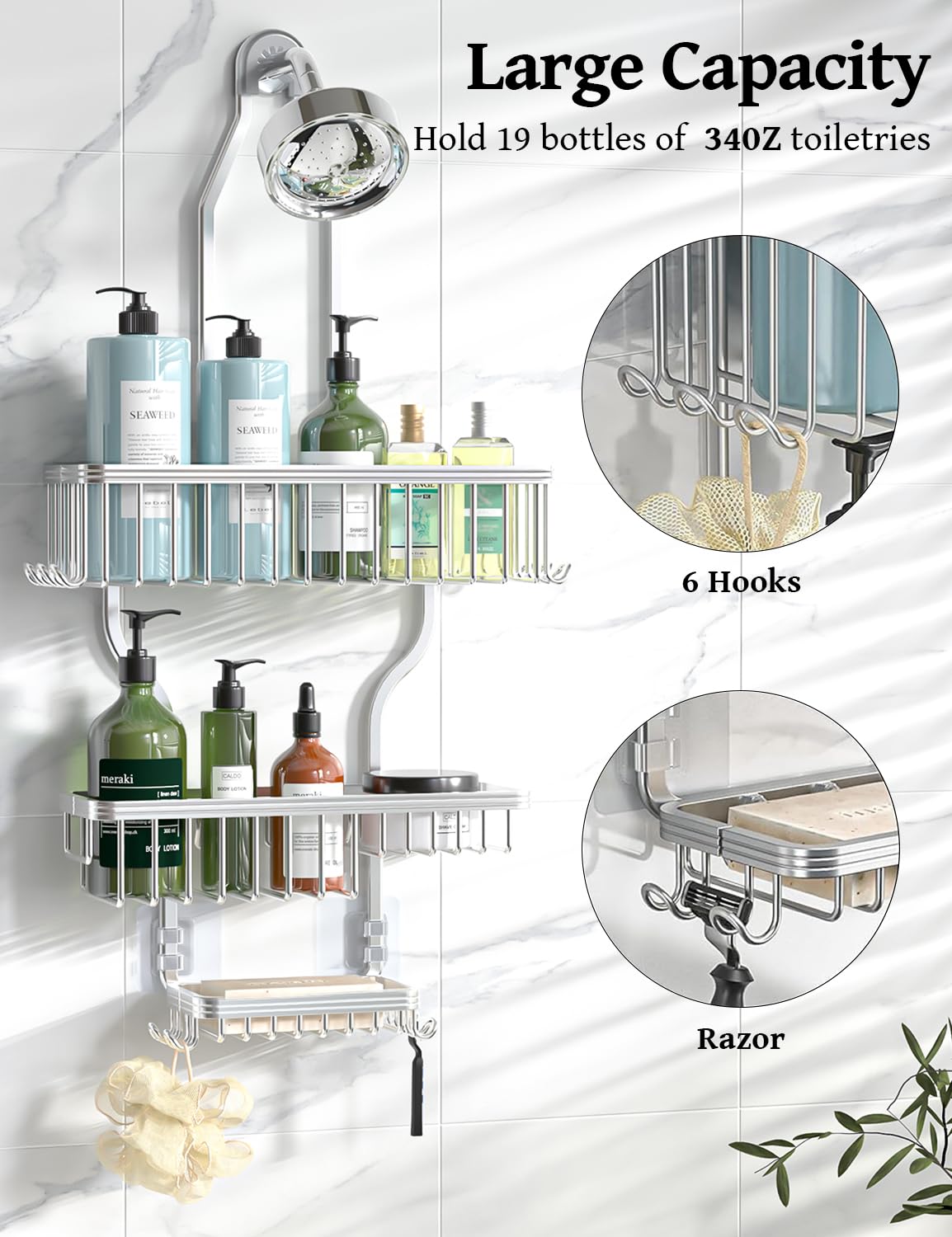 Never Rust Shower Caddy Hanging, Aluminum Shower Racks for Inside Shower, 3-Tier Shower Organizer Hanging Over Shower Head with Hooks and Soap Holder, Rose Gold