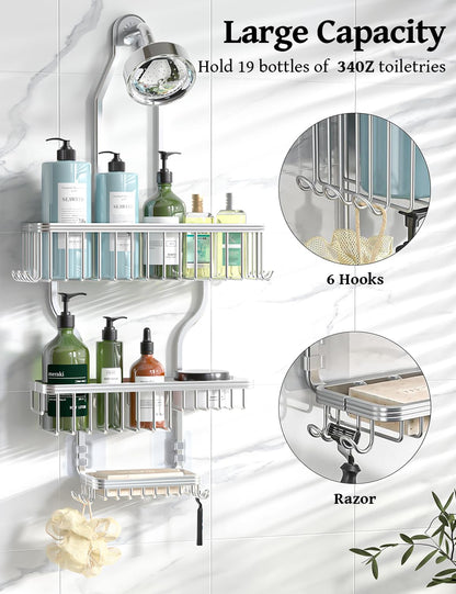 Never Rust Shower Caddy Hanging, Aluminum Shower Racks for Inside Shower, 3-Tier Shower Organizer Hanging Over Shower Head with Hooks and Soap Holder, Rose Gold
