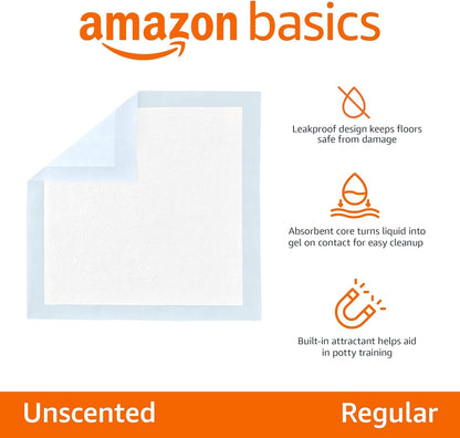 Amazon Basics Leak-Proof Dog and Puppy Potty Training Pee Pads with Quick-Dry 5-Layer Super Absorbent Design, Regular Size 22 x 22 inch, Blue & White, 100 Count