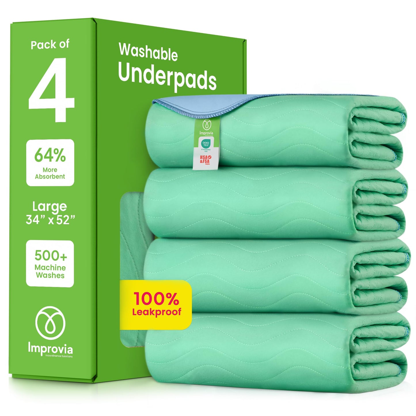 IMPROVIA® Washable Underpads, 34" x 36" (Pack of 4) - Heavy Absorbency Reusable Bedwetting Incontinence Pads for Kids, Adults, Elderly, and Pets - Waterproof Protective Pad for Bed, Couch, Sofa, Floor