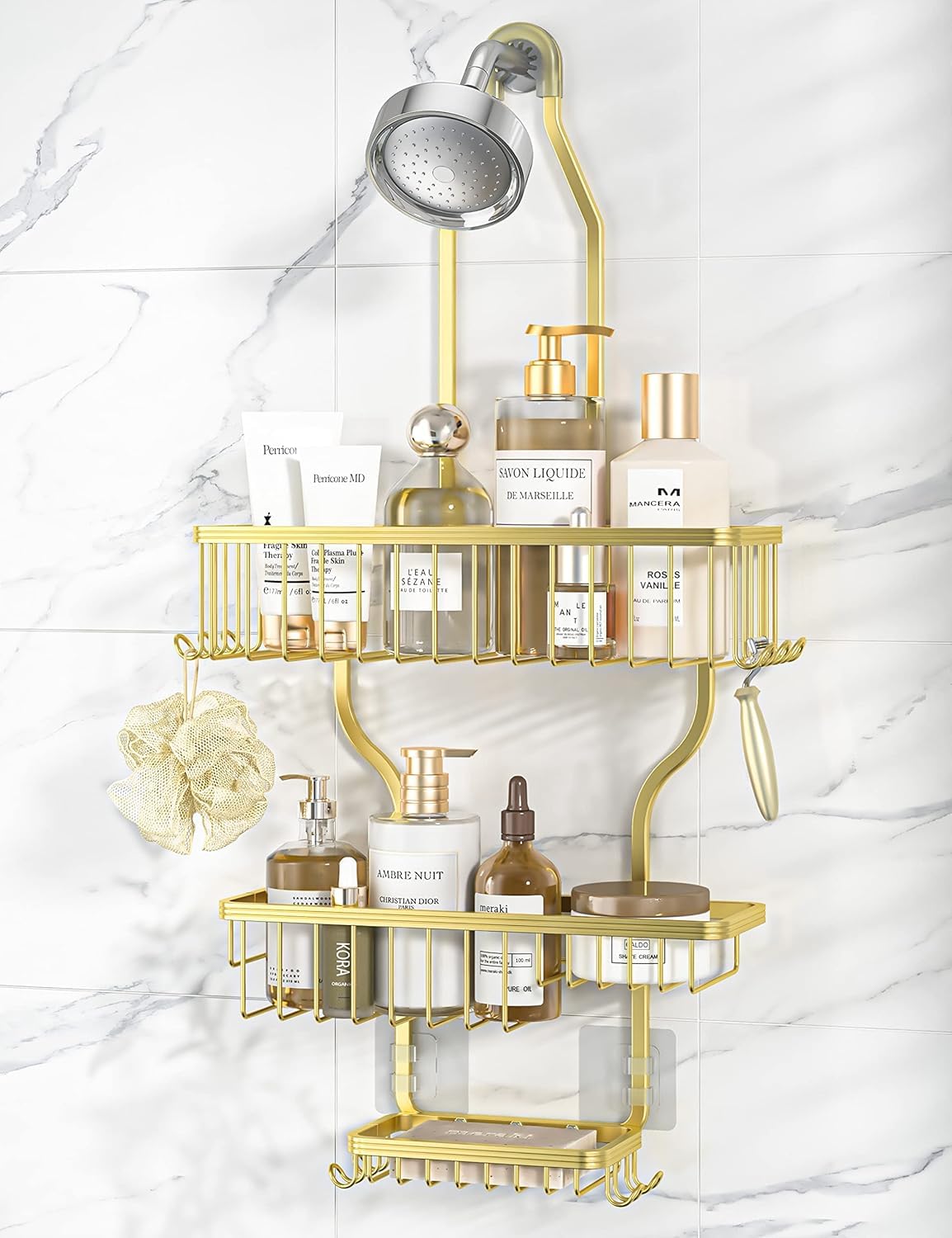 Never Rust Shower Caddy Hanging, Aluminum Shower Racks for Inside Shower, 3-Tier Shower Organizer Hanging Over Shower Head with Hooks and Soap Holder, Rose Gold