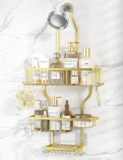 Never Rust Shower Caddy Hanging, Aluminum Shower Racks for Inside Shower, 3-Tier Shower Organizer Hanging Over Shower Head with Hooks and Soap Holder, Rose Gold