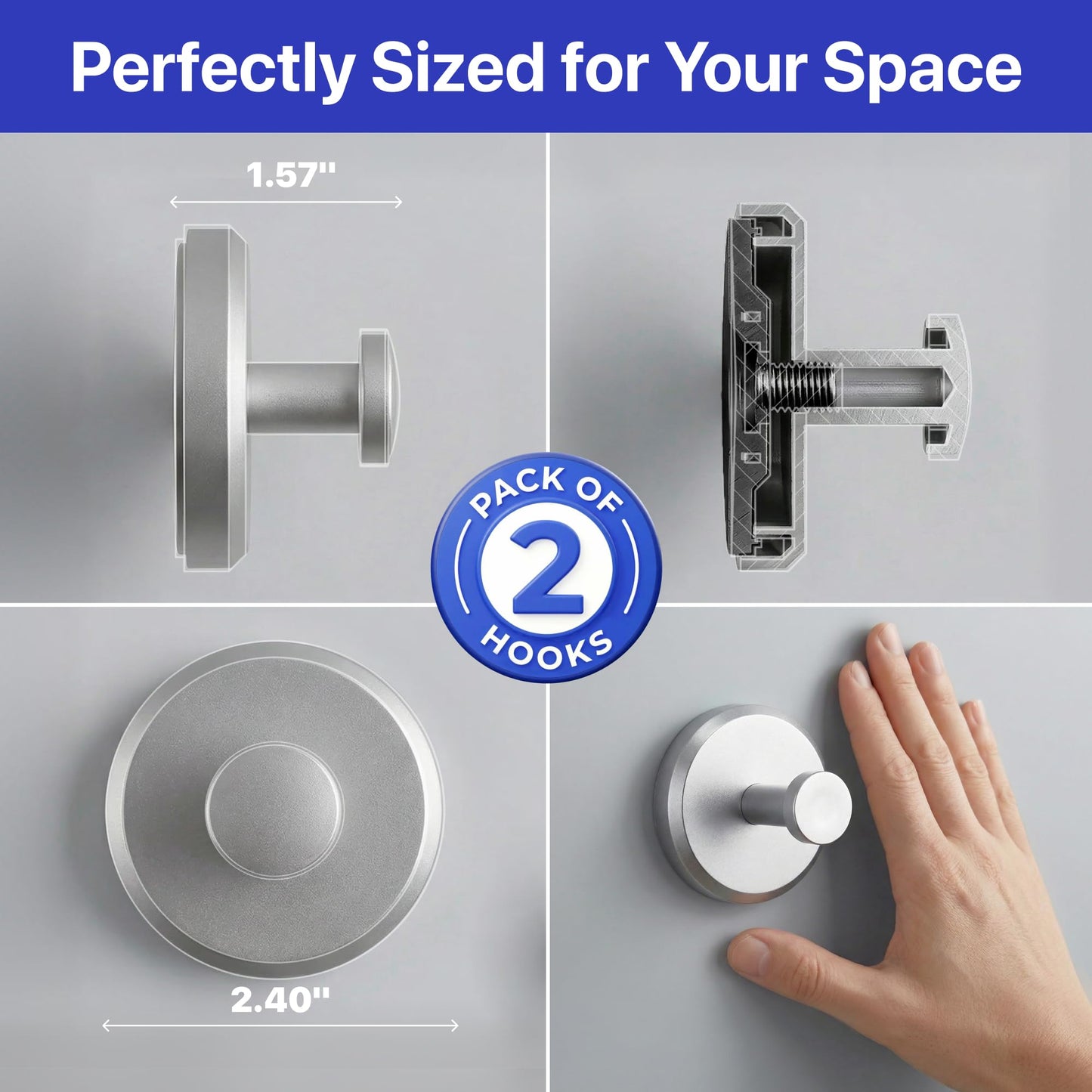 HOME SO Suction Cup Hooks for Shower & Bathroom Towel Holder 2-Pack Black | Waterproof Rustproof Organizer Hook Hanging Loofah Robe Coat Bath Accessories on Tile Glass Door Mirror + Optional 3M Disc