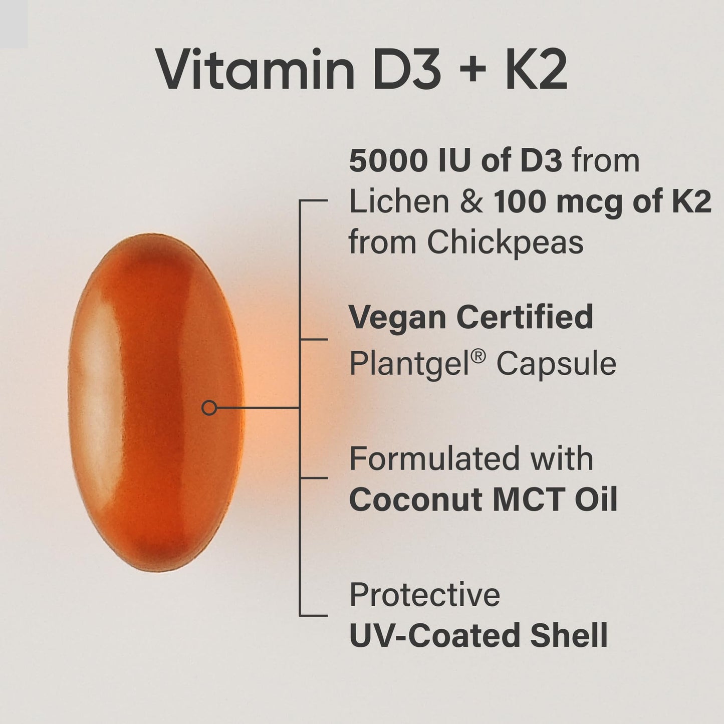 Sports Research® Vegan Vitamin D3 + K2 w/Coconut Oil, 60 Count Plantgels™ | Plant-Based Vitamin D 5000iu/125mcg & Soy-Free Vitamin K 100mcg for Bone & Immune Support - Vegan Certified · Non-GMO