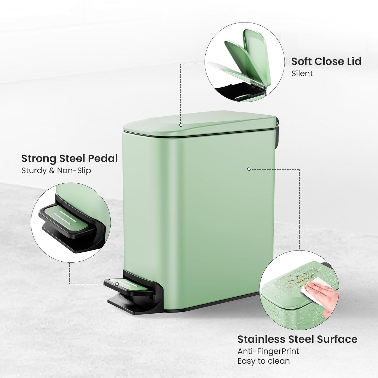 Cesun Small Bathroom Trash Can with Lid, 1.6 Gal, Soft Close, Sage Green | Step pedal soft close, Slim 5.9in fits narrow spaces, Stainless steel, Anti-fingerprint, Removable inner bucket, Odor seal
