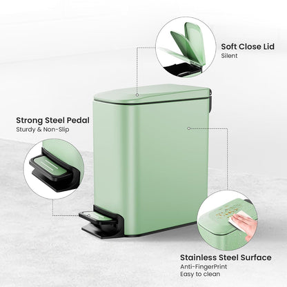Cesun Small Bathroom Trash Can with Lid, 1.6 Gal, Soft Close, Sage Green | Step pedal soft close, Slim 5.9in fits narrow spaces, Stainless steel, Anti-fingerprint, Removable inner bucket, Odor seal
