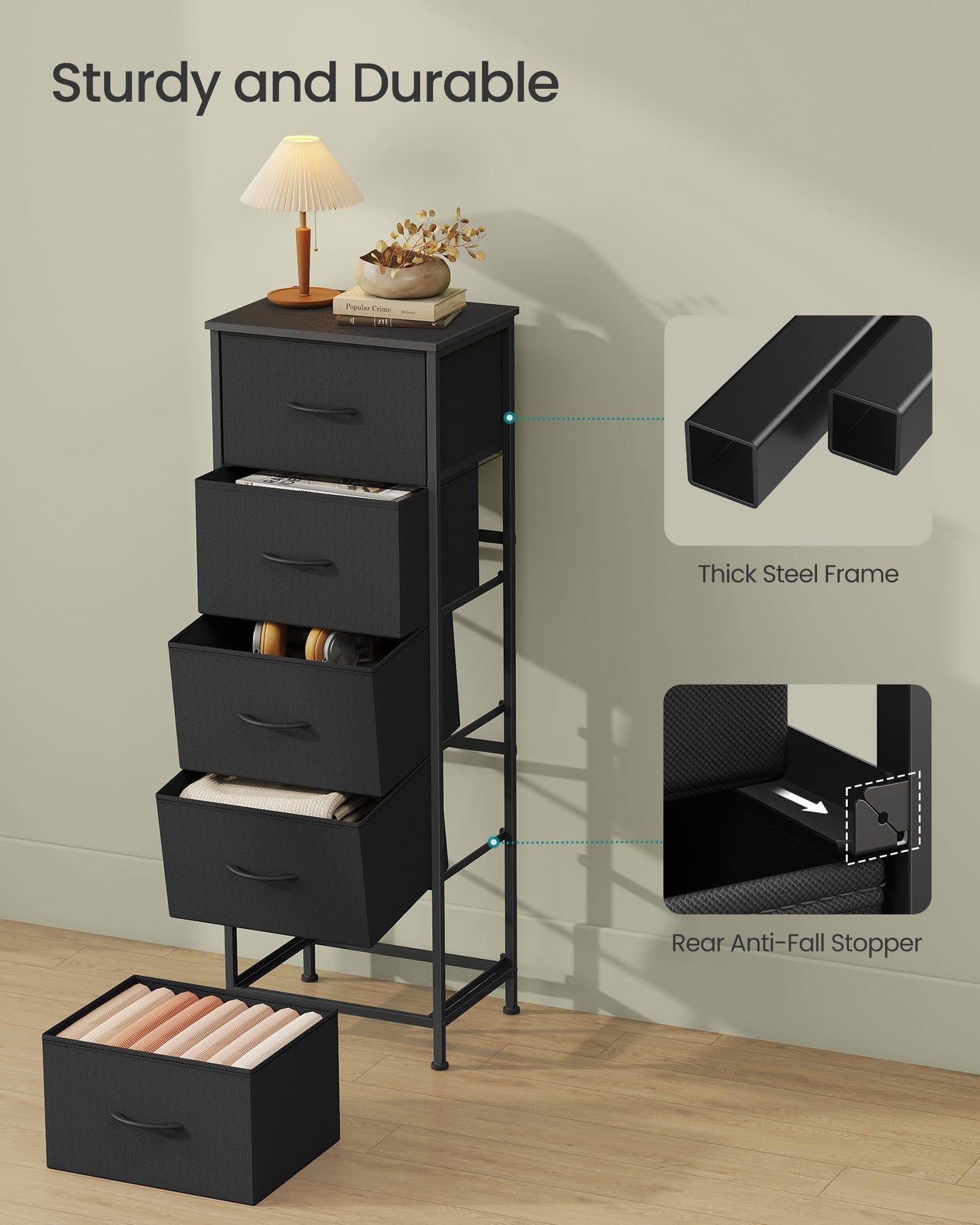 SONGMICS BELLAH Collection - Dresser for Bedroom, Chest of Drawers, Storage Organizer Unit, Closet, Entryway, Steel, 4 Drawers, Modern, Ink Black and Ebony Black ULGS314B01S