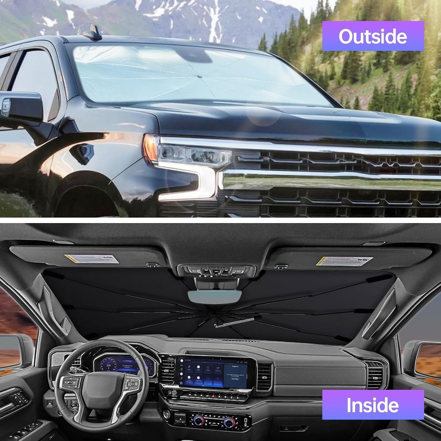 [2026 Upgraded] Windshield Sun Shade Umbrella, Car Sunshade for Trucks&SUVs | UV Protection, Heat Insulation & Automotive Interior Sun Protection for Outdoor Parking Camping (X-Large)