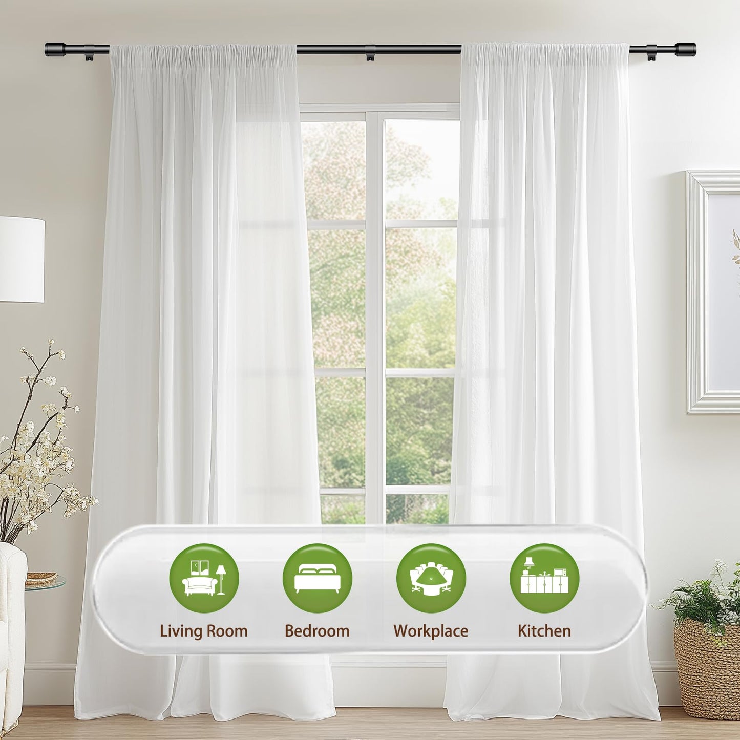 Curtain Rods 30-60 Inch, Adjustable Black Curtain Rods for Windows 2 Pack | 5/8" Diameter for 30-54 Inch Windows, Spliced Window Treatment Rod with Brackets, Long Small Rod for Bedroom, Living Room