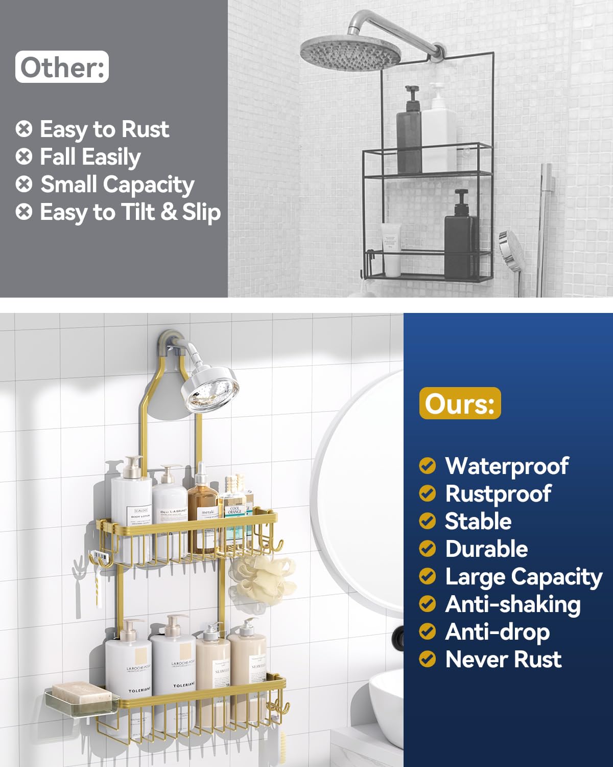 Never Rust Shower Caddy Hanging, Aluminum Shower Racks for Inside Shower, 3-Tier Shower Organizer Hanging Over Shower Head with Hooks and Soap Holder, Rose Gold