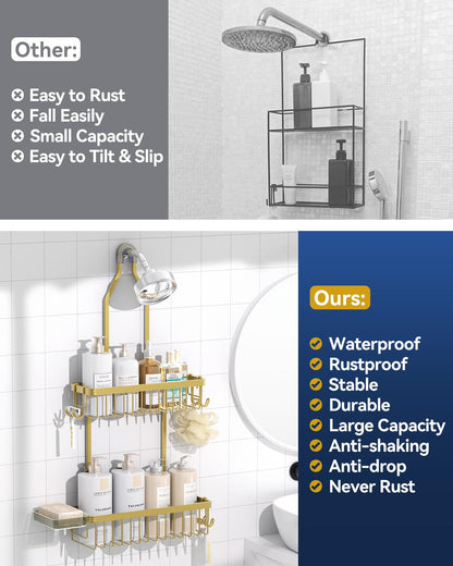 Never Rust Shower Caddy Hanging, Aluminum Shower Racks for Inside Shower, 3-Tier Shower Organizer Hanging Over Shower Head with Hooks and Soap Holder, Rose Gold