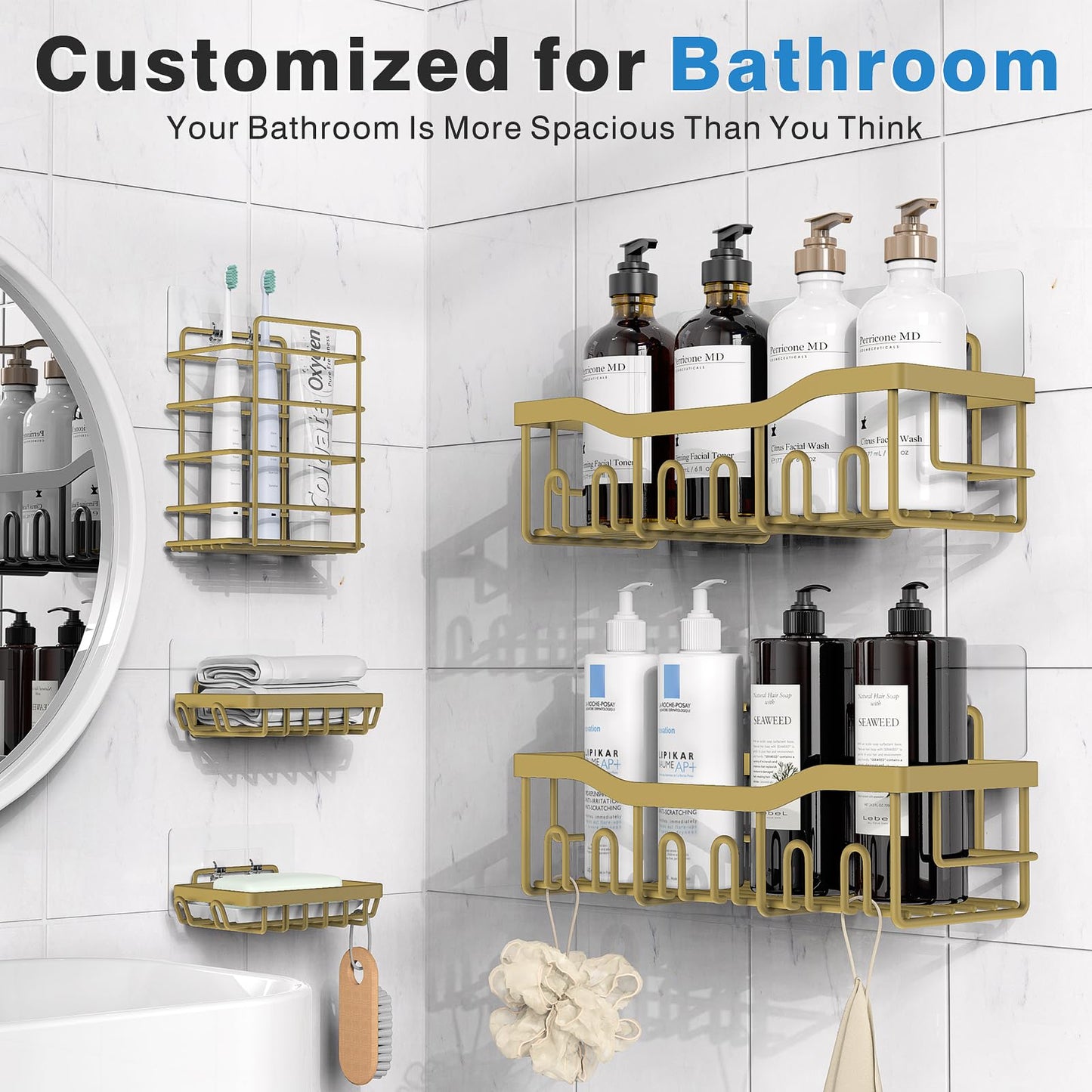 EUDELE Adhesive Shower Caddy, 5 Pack Rustproof Stainless Steel Bath Organizers With Large Capacity, No Drilling Shelves for Bathroom Storage & Home Decor