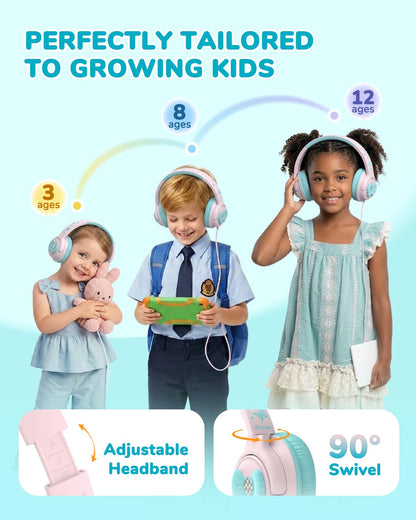 iClever C371 Kids Headphones with Cord for School Boys Girls Travel Gift | SafeSound Tech3.0, Stereo Sound, 3.5mm Jack, Foldable, Durable Headband, Safe Wired Headphones for Kids, Powder Blue