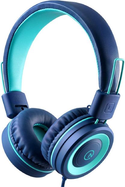 noot products K11 Kids Headphones with Wired Cord 3.5mm Jack Navy/Teal | 5ft Long Cord, Tangle Free, Foldable, Plug in On-Ear Headset for School, Classroom, Boys, Girls, Toddler Laptop Travel Tablet