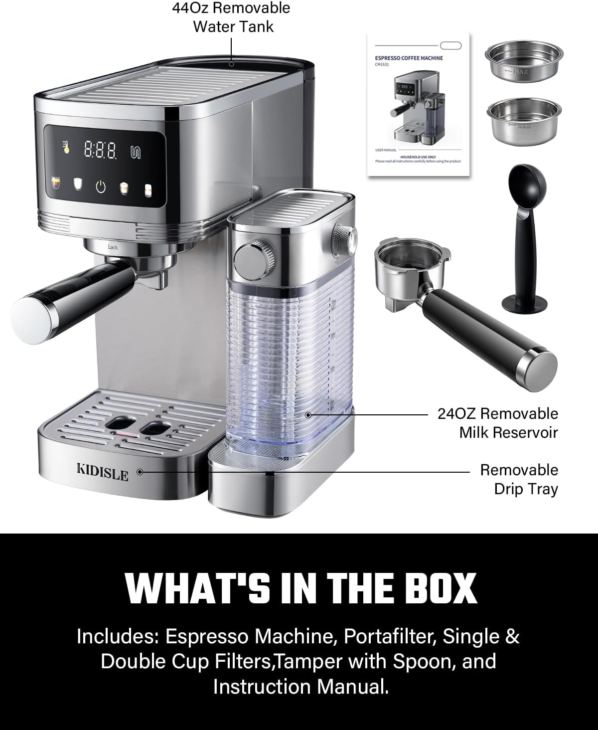 KIDISLE 20 Bar Espresso Machine with Auto Milk Frother & Touchscreen, 1350W | Dual Boiler 1350W Brew +1000W Froth, Pre-Infusion Rich Crema, 44oz Water + 24oz Milk, 3-in-1 Espresso, Cappuccino, Latte