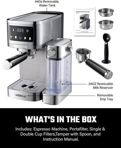 KIDISLE 20 Bar Espresso Machine with Auto Milk Frother & Touchscreen, 1350W | Dual Boiler 1350W Brew +1000W Froth, Pre-Infusion Rich Crema, 44oz Water + 24oz Milk, 3-in-1 Espresso, Cappuccino, Latte