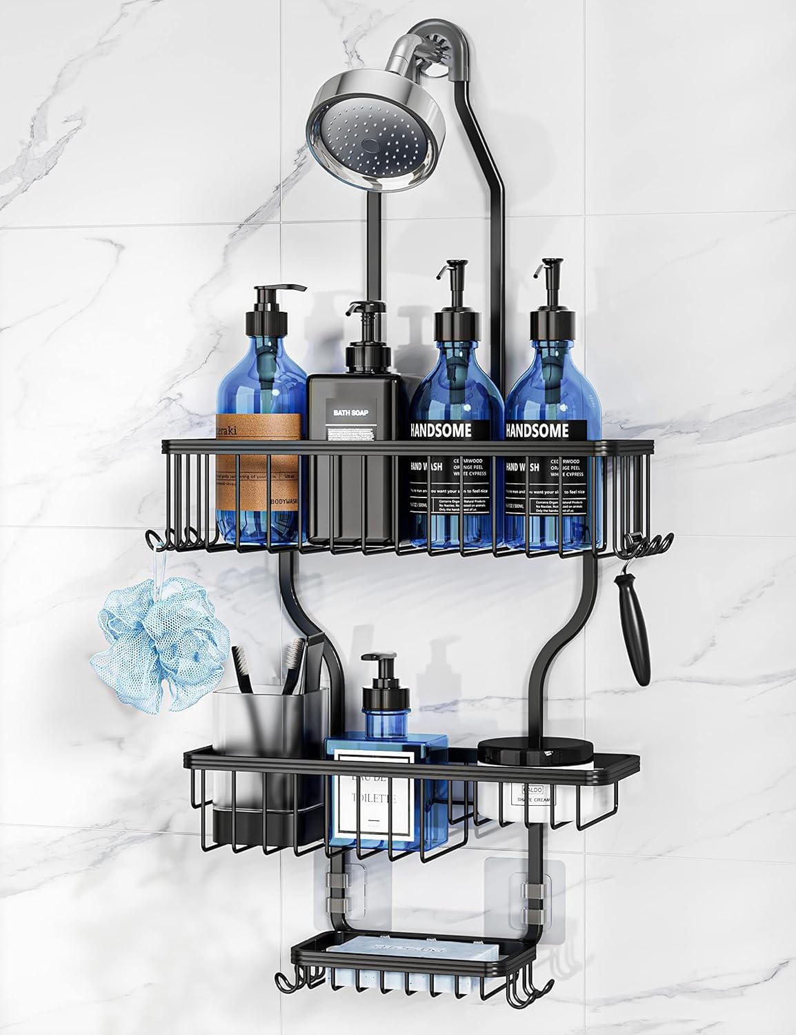 Never Rust Shower Caddy Hanging, Aluminum Shower Racks for Inside Shower, 3-Tier Shower Organizer Hanging Over Shower Head with Hooks and Soap Holder, Rose Gold