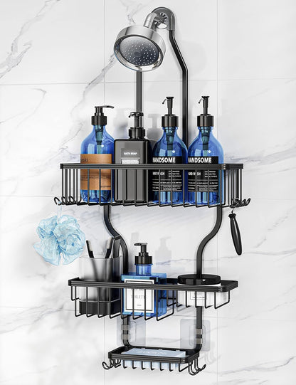 Never Rust Shower Caddy Hanging, Aluminum Shower Racks for Inside Shower, 3-Tier Shower Organizer Hanging Over Shower Head with Hooks and Soap Holder, Rose Gold