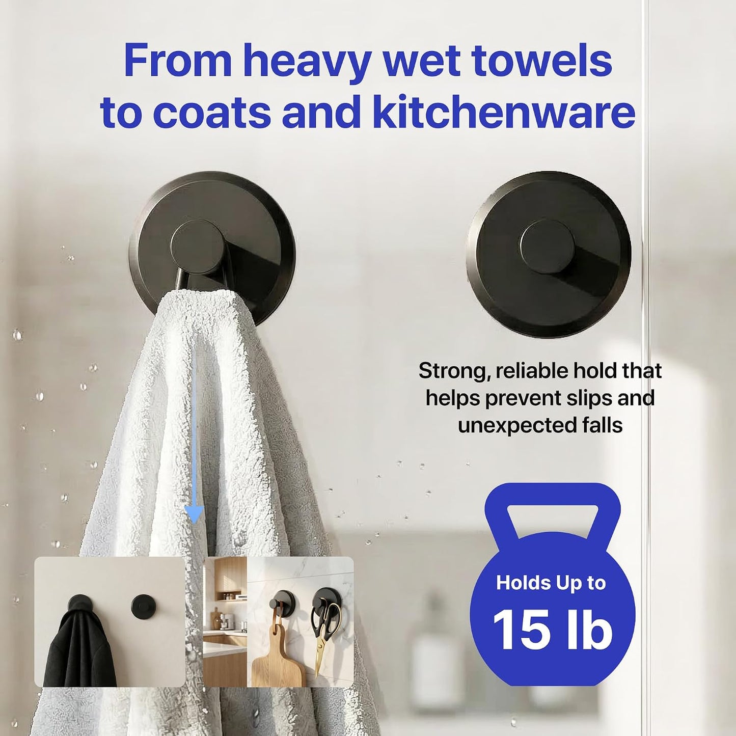 HOME SO Suction Cup Hooks for Shower & Bathroom Towel Holder 2-Pack Black | Waterproof Rustproof Organizer Hook Hanging Loofah Robe Coat Bath Accessories on Tile Glass Door Mirror + Optional 3M Disc