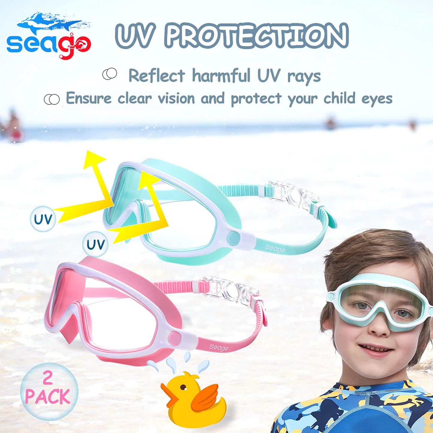 Seago Swim Goggles 2 Pack Anti-Fog Anti-UV Wide View Swimming Goggles for Kids 3-14