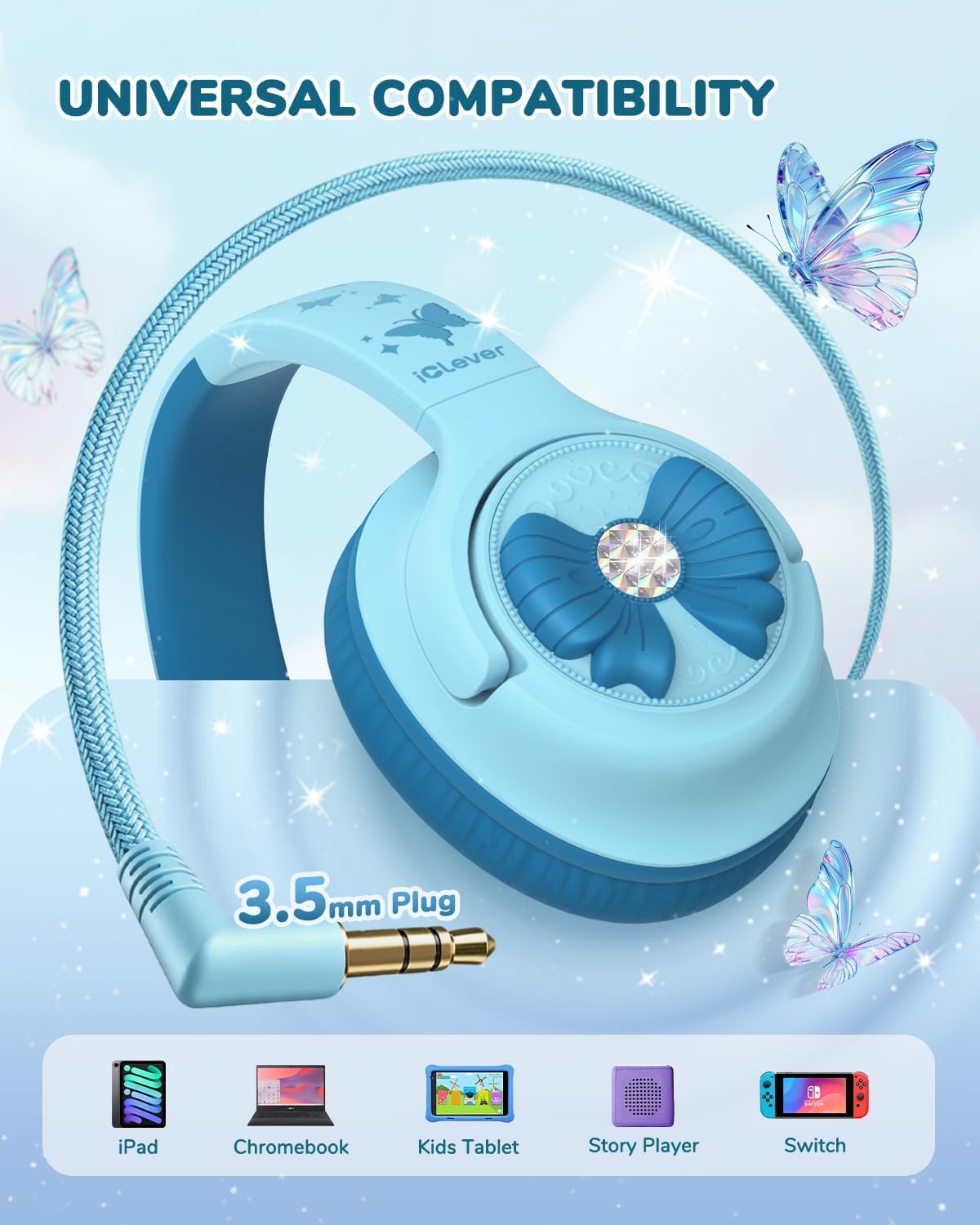 iClever C371 Kids Headphones with Cord for School Boys Girls Travel Gift | SafeSound Tech3.0, Stereo Sound, 3.5mm Jack, Foldable, Durable Headband, Safe Wired Headphones for Kids, Powder Blue