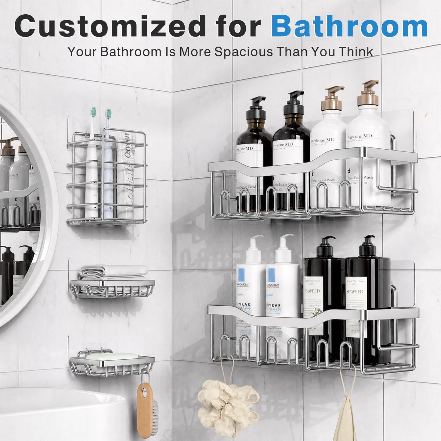 EUDELE Adhesive Shower Caddy, 5 Pack Rustproof Stainless Steel Bath Organizers With Large Capacity, No Drilling Shelves for Bathroom Storage & Home Decor