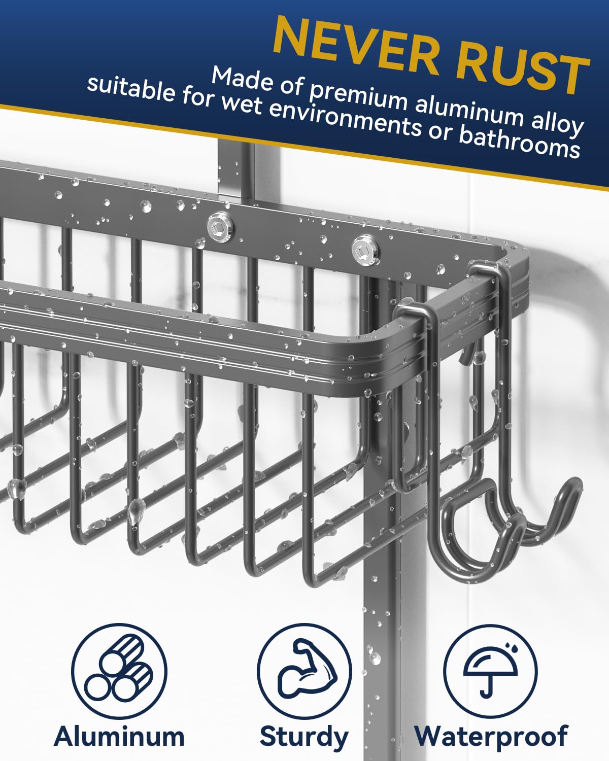 Never Rust Shower Caddy Hanging, Aluminum Shower Racks for Inside Shower, 3-Tier Shower Organizer Hanging Over Shower Head with Hooks and Soap Holder, Rose Gold