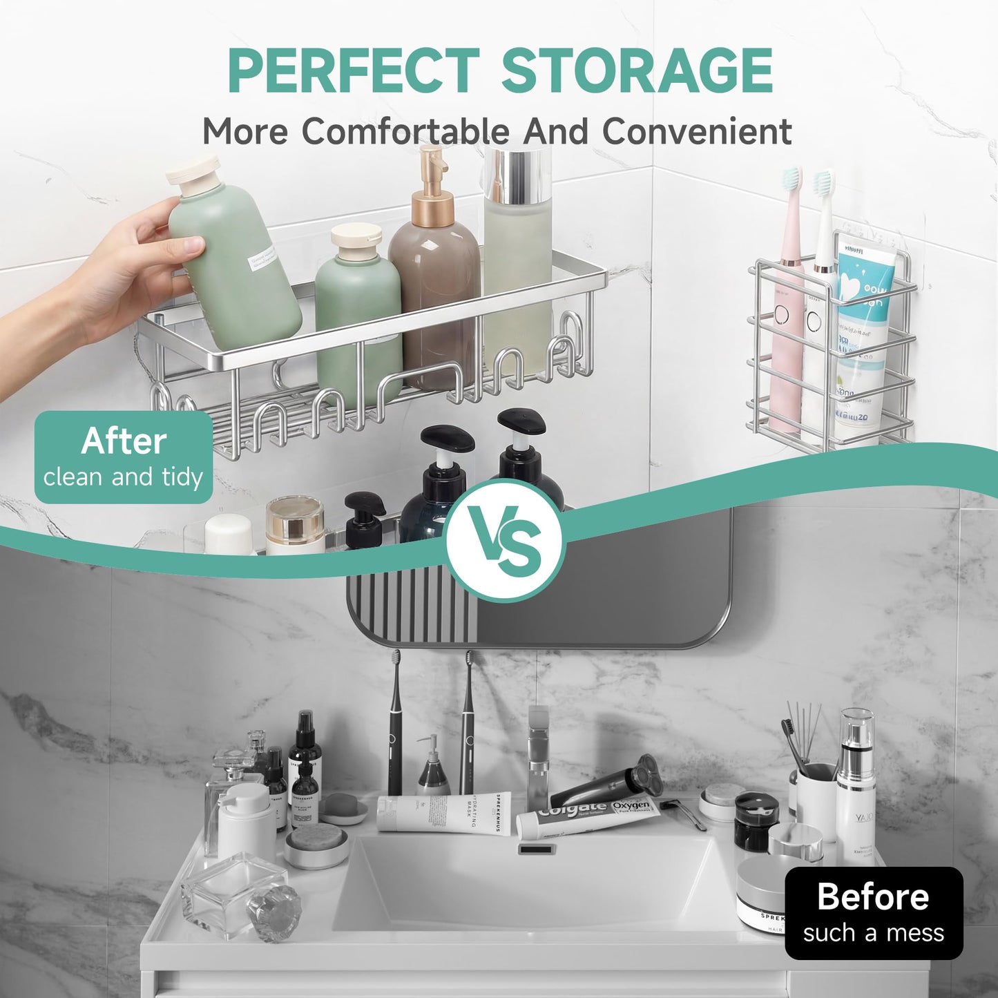Veken Large Capacity Shower Caddy 6-Pack, No Drilling & Rustproof, Adhesive Shower Shelves with Soap Holder, Bathroom Organizers and Storage, Wall-Mounted Kitchen & Home Decor, Pink