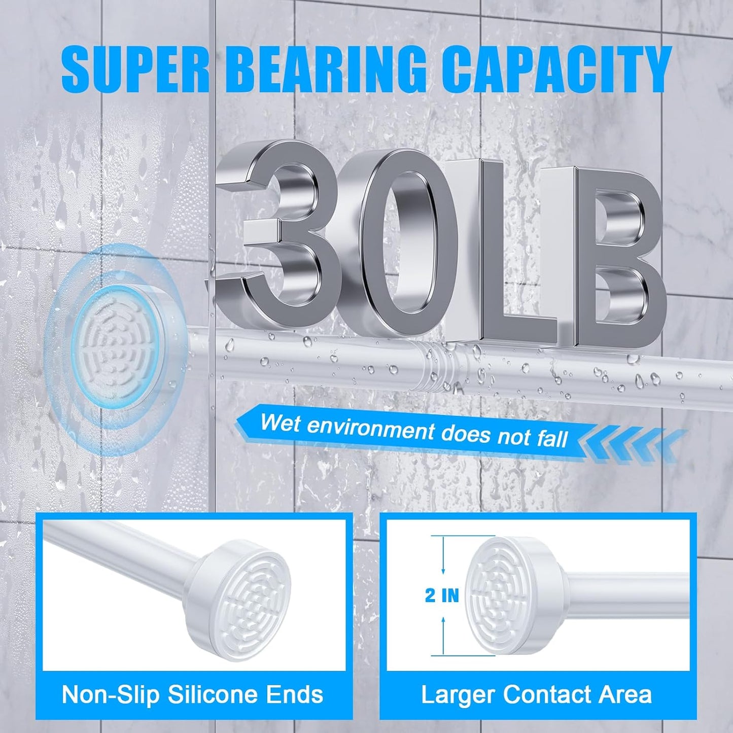 TEECK Shower Curtain Rod, 32-80 inch Adjustable Spring Tension Curtain Rod, Never Rust Anti-Slip Shower Curtain Rod for Bathroom, No Drilling, Never Collapse, Easy to Use, Silver