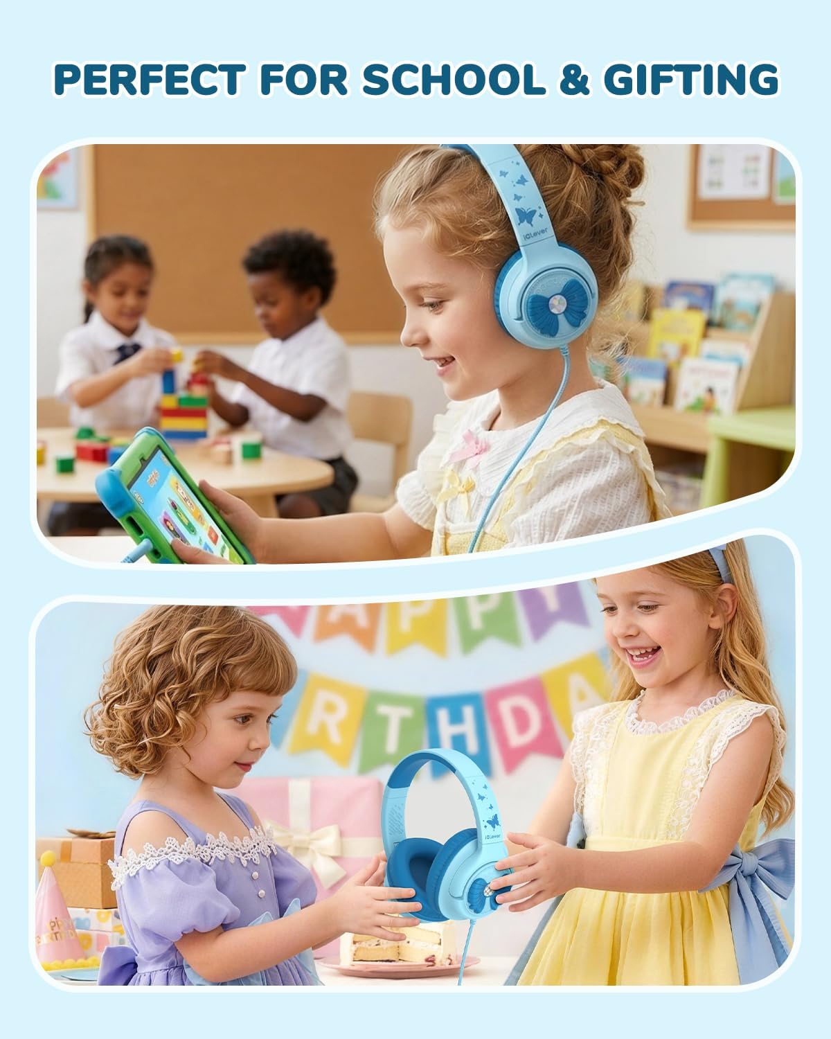 iClever C371 Kids Headphones with Cord for School Boys Girls Travel Gift | SafeSound Tech3.0, Stereo Sound, 3.5mm Jack, Foldable, Durable Headband, Safe Wired Headphones for Kids, Powder Blue