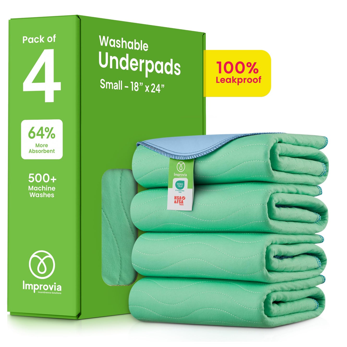 IMPROVIA® Washable Underpads, 34" x 36" (Pack of 4) - Heavy Absorbency Reusable Bedwetting Incontinence Pads for Kids, Adults, Elderly, and Pets - Waterproof Protective Pad for Bed, Couch, Sofa, Floor