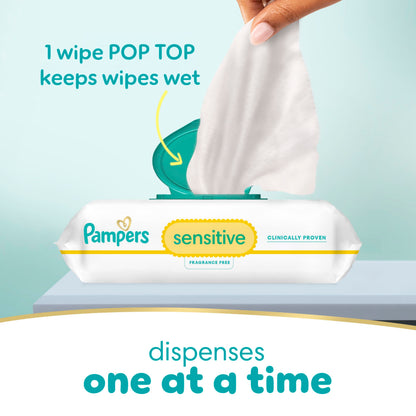 Pampers Sensitive Baby Wipes, Clinically Proven, Fragrance Free, Unscented, Water Based, Hypoallergenic, Multi-Use, Hand Wipes 1008 Wipes Total (18X Flip-Top Packs) [Packaging May Vary]