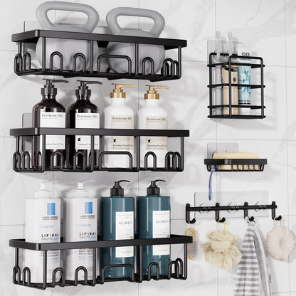 Veken Large Capacity Shower Caddy 6-Pack, No Drilling & Rustproof, Adhesive Shower Shelves with Soap Holder, Bathroom Organizers and Storage, Wall-Mounted Kitchen & Home Decor, Pink
