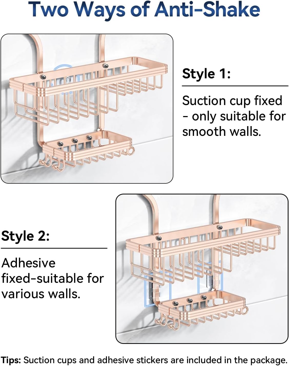 Never Rust Shower Caddy Hanging, Aluminum Shower Racks for Inside Shower, 3-Tier Shower Organizer Hanging Over Shower Head with Hooks and Soap Holder, Rose Gold