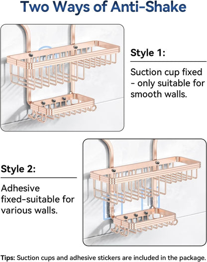 Never Rust Shower Caddy Hanging, Aluminum Shower Racks for Inside Shower, 3-Tier Shower Organizer Hanging Over Shower Head with Hooks and Soap Holder, Rose Gold