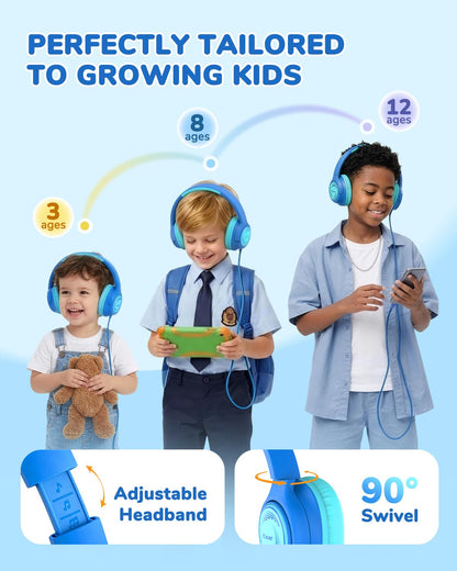 iClever C371 Kids Headphones with Cord for School Boys Girls Travel Gift | SafeSound Tech3.0, Stereo Sound, 3.5mm Jack, Foldable, Durable Headband, Safe Wired Headphones for Kids, Powder Blue