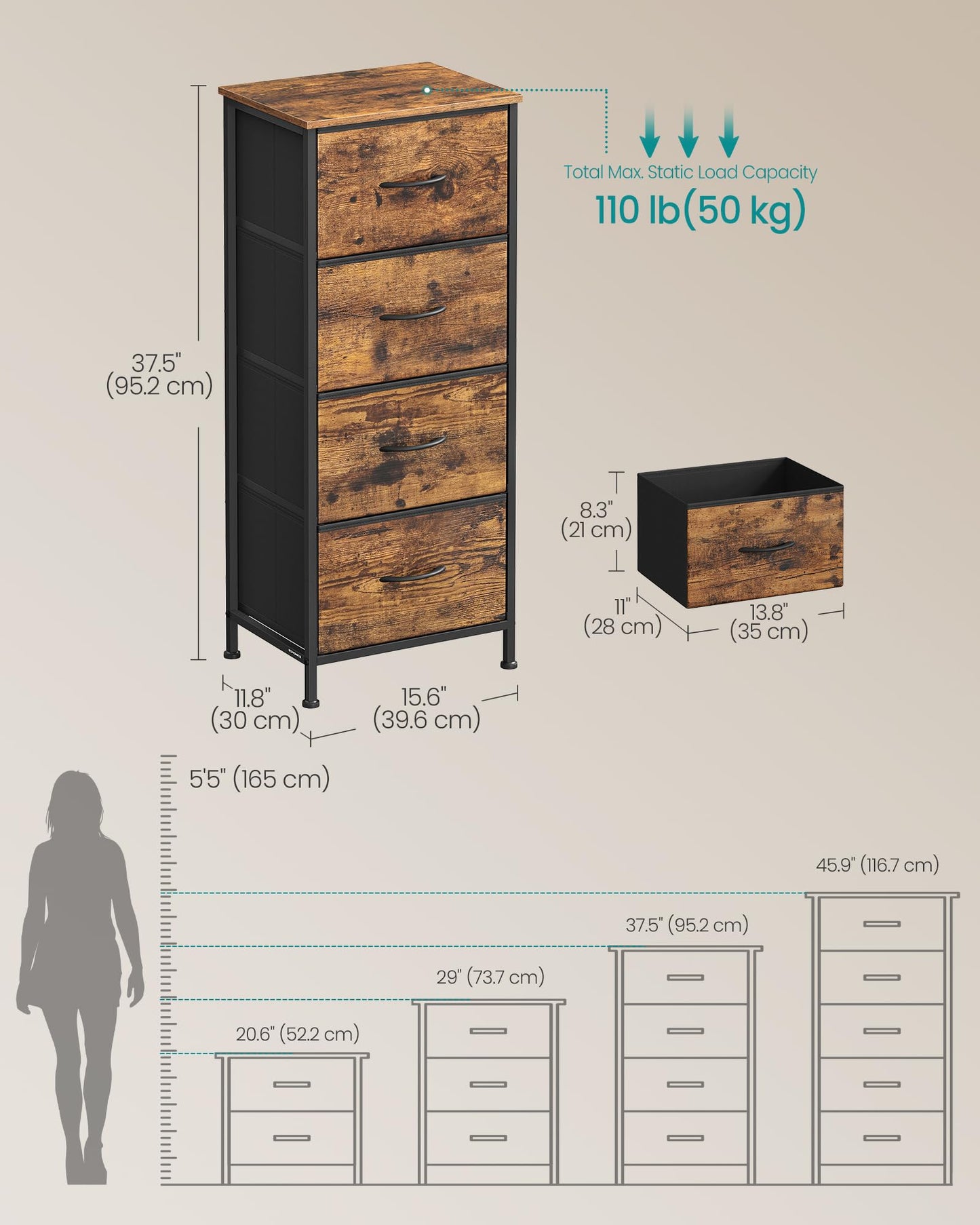 SONGMICS BELLAH Collection - Dresser for Bedroom, Chest of Drawers, Storage Organizer Unit, Closet, Entryway, Steel, 4 Drawers, Modern, Ink Black and Ebony Black ULGS314B01S