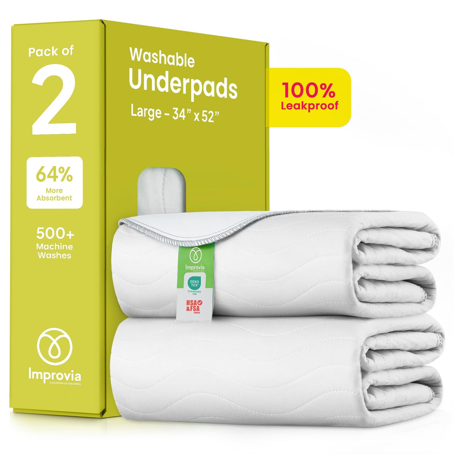 IMPROVIA® Washable Underpads, 34" x 36" (Pack of 4) - Heavy Absorbency Reusable Bedwetting Incontinence Pads for Kids, Adults, Elderly, and Pets - Waterproof Protective Pad for Bed, Couch, Sofa, Floor