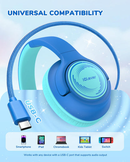 iClever C371 Kids Headphones with Cord for School Boys Girls Travel Gift | SafeSound Tech3.0, Stereo Sound, 3.5mm Jack, Foldable, Durable Headband, Safe Wired Headphones for Kids, Powder Blue