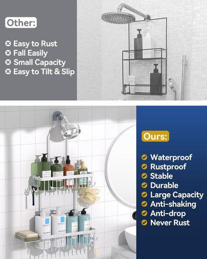 Never Rust Shower Caddy Hanging, Aluminum Shower Racks for Inside Shower, 3-Tier Shower Organizer Hanging Over Shower Head with Hooks and Soap Holder, Rose Gold