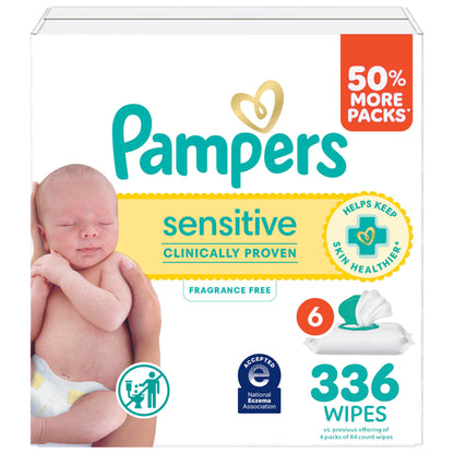Pampers Sensitive Baby Wipes, Clinically Proven, Fragrance Free, Unscented, Water Based, Hypoallergenic, Multi-Use, Hand Wipes 1008 Wipes Total (18X Flip-Top Packs) [Packaging May Vary]