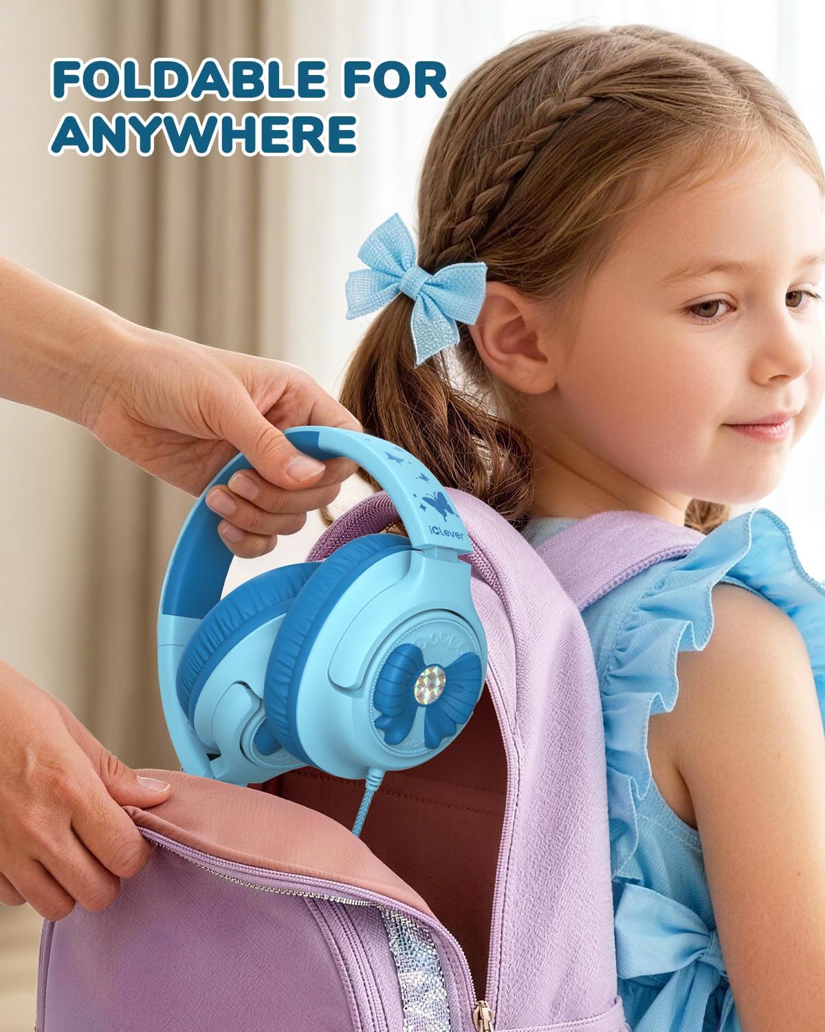 iClever C371 Kids Headphones with Cord for School Boys Girls Travel Gift | SafeSound Tech3.0, Stereo Sound, 3.5mm Jack, Foldable, Durable Headband, Safe Wired Headphones for Kids, Powder Blue