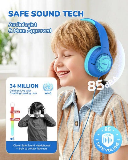 iClever C371 Kids Headphones with Cord for School Boys Girls Travel Gift | SafeSound Tech3.0, Stereo Sound, 3.5mm Jack, Foldable, Durable Headband, Safe Wired Headphones for Kids, Powder Blue