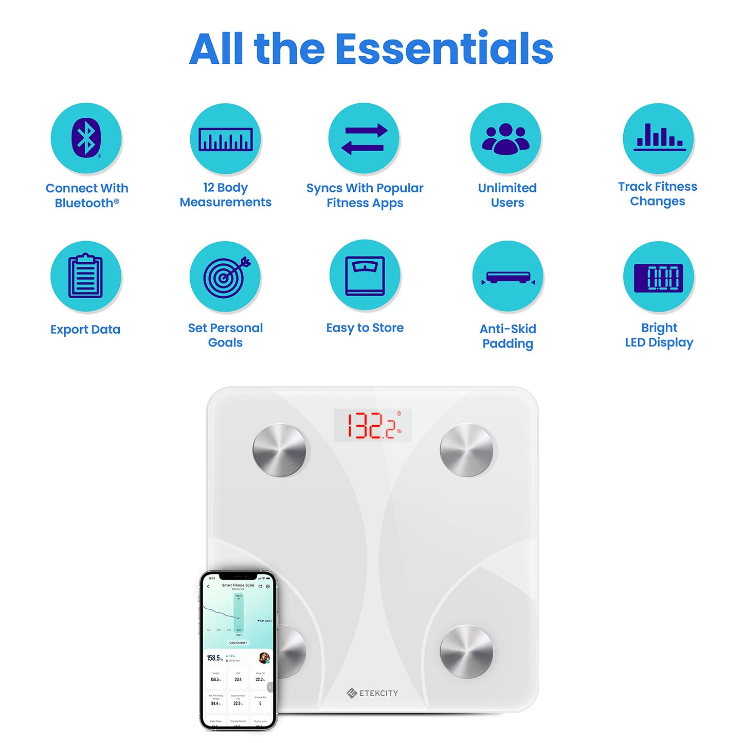 Etekcity Smart Scale for Body Weight, Body Fat and BMI, FSA Eligible | HSA Eligible, Bathroom Scale with Muscle Mass, Accurate Bluetooth App Sync, LED Display and Tempered Glass